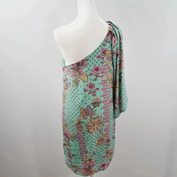 Hello Miss Womens Dress One Shoulder Bell Sleeve Mini Green Paisley Sz Small - Picture 7 of 14